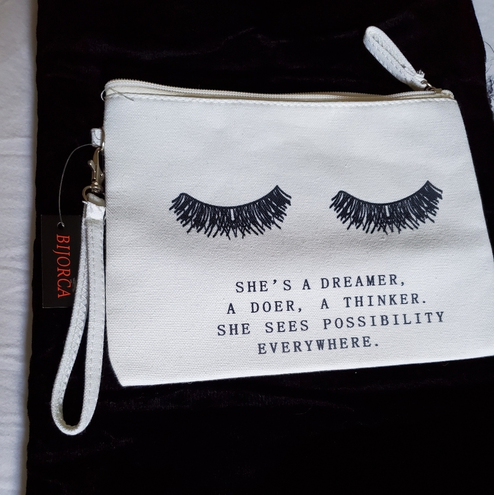 NWT White Canvas Wristlet Cosmetic Pencil Bag